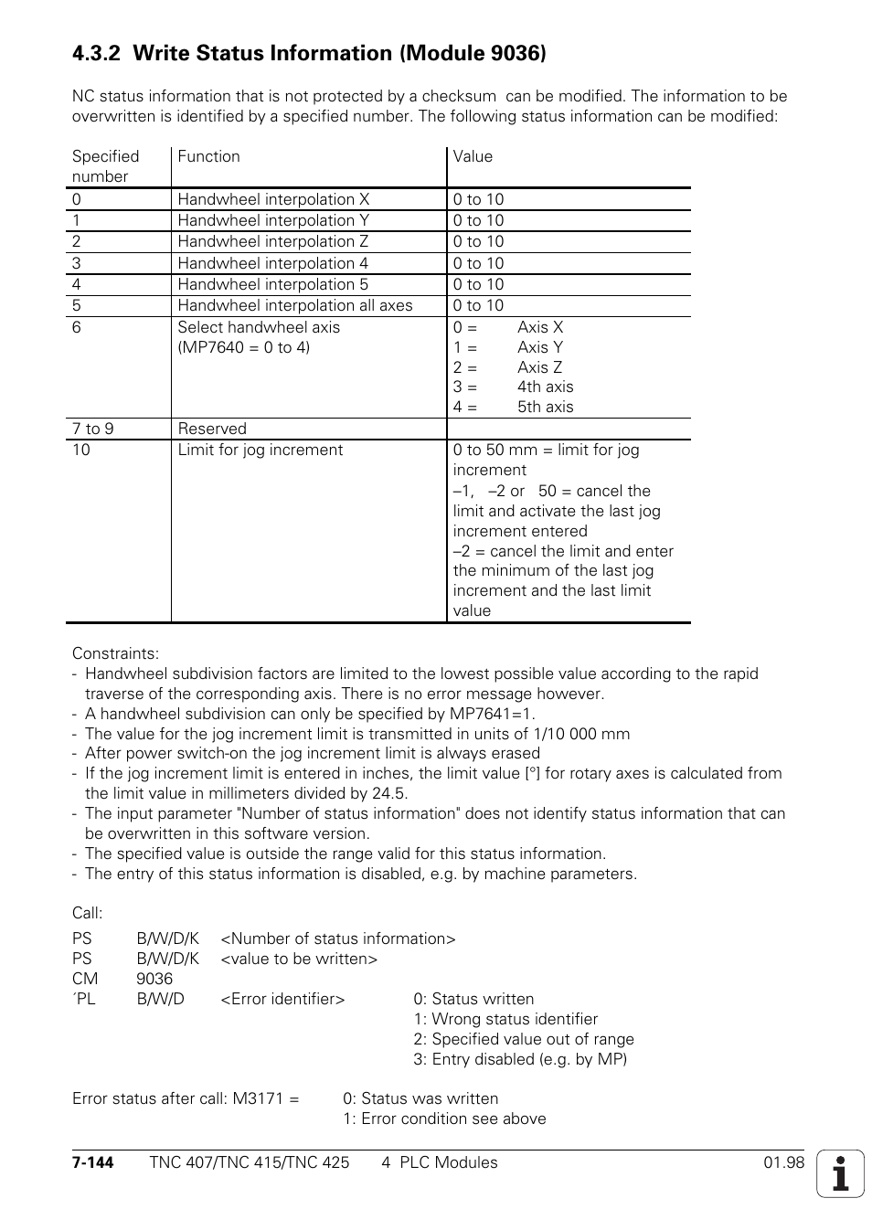 2 write status information (module 9036) 7-144 | HEIDENHAIN TNC 407 (243 020) Technical Manual User Manual | Page 605 / 752