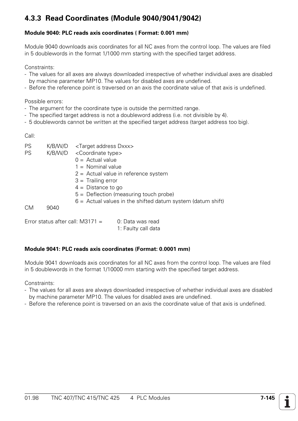 3 read coordinates (module 9040/9041/9042) 7-145 | HEIDENHAIN TNC 407 (243 020) Technical Manual User Manual | Page 606 / 752