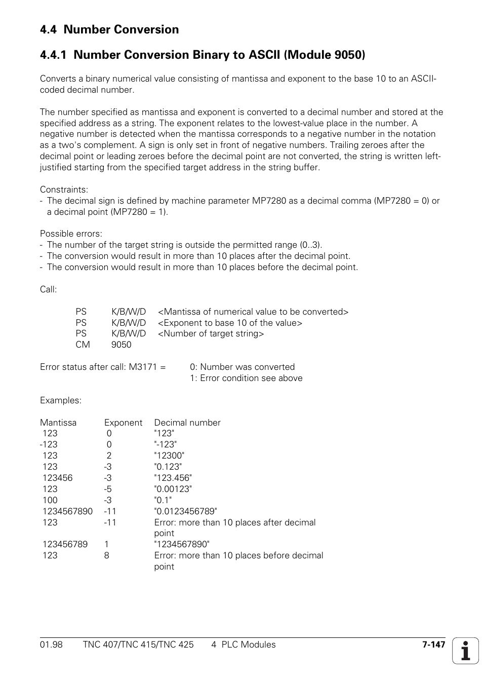 4 number conversion 7-147 | HEIDENHAIN TNC 407 (243 020) Technical Manual User Manual | Page 608 / 752
