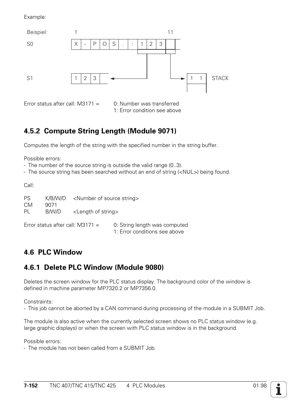 2 compute string length (module 9071) 7-152, 6 plc window 7-152, 1 delete plc window (module 9080) 7-152 | HEIDENHAIN TNC 407 (243 020) Technical Manual User Manual | Page 613 / 752