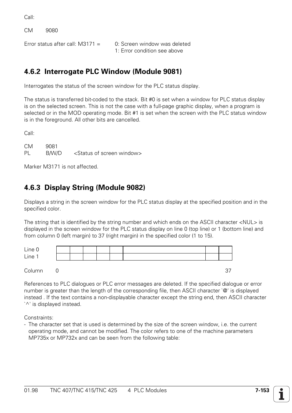 2 interrogate plc window (module 9081) 7-153, 3 display string (module 9082) 7-153 | HEIDENHAIN TNC 407 (243 020) Technical Manual User Manual | Page 614 / 752