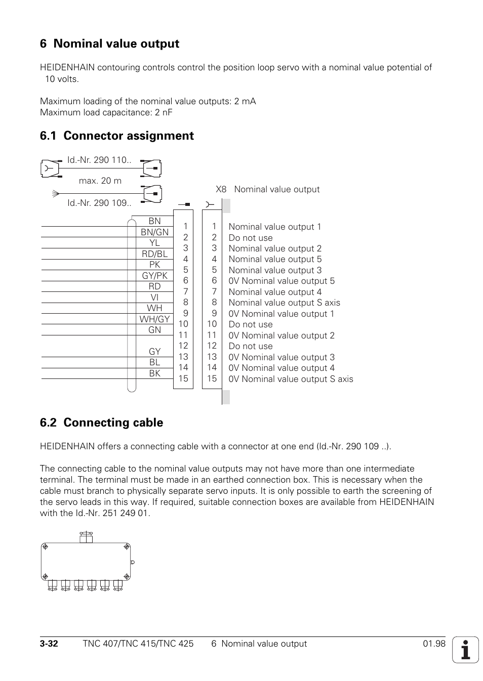 Nominal value output, Connector assignment, Connecting cable | X8 = nominal value - output, 1, 2, 3, 4, 5, s, 36 nominal value output, 1 connector assignment x8, 2 connecting cable | HEIDENHAIN TNC 407 (243 020) Technical Manual User Manual | Page 62 / 752
