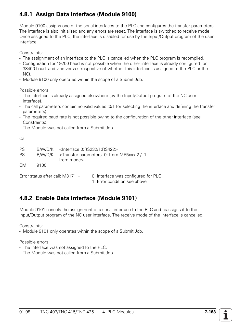 1 assign data interface (module 9100), 2 enable data interface (module 9101) | HEIDENHAIN TNC 407 (243 020) Technical Manual User Manual | Page 624 / 752