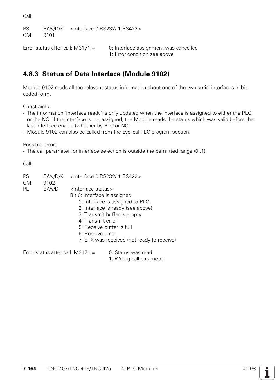 3 status of data interface (module 9102) | HEIDENHAIN TNC 407 (243 020) Technical Manual User Manual | Page 625 / 752