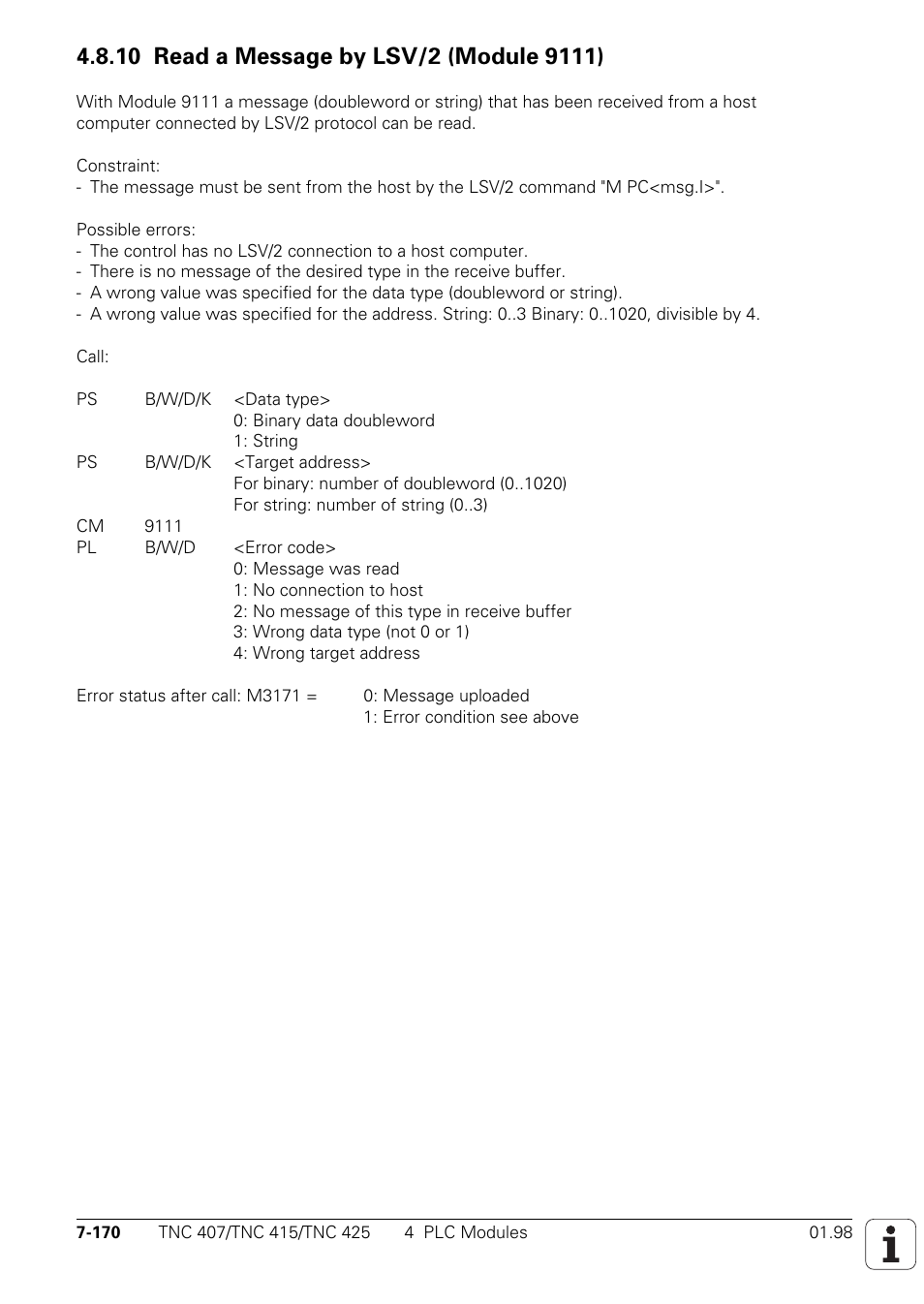 10 read a message by lsv/2 (module 9111) | HEIDENHAIN TNC 407 (243 020) Technical Manual User Manual | Page 631 / 752