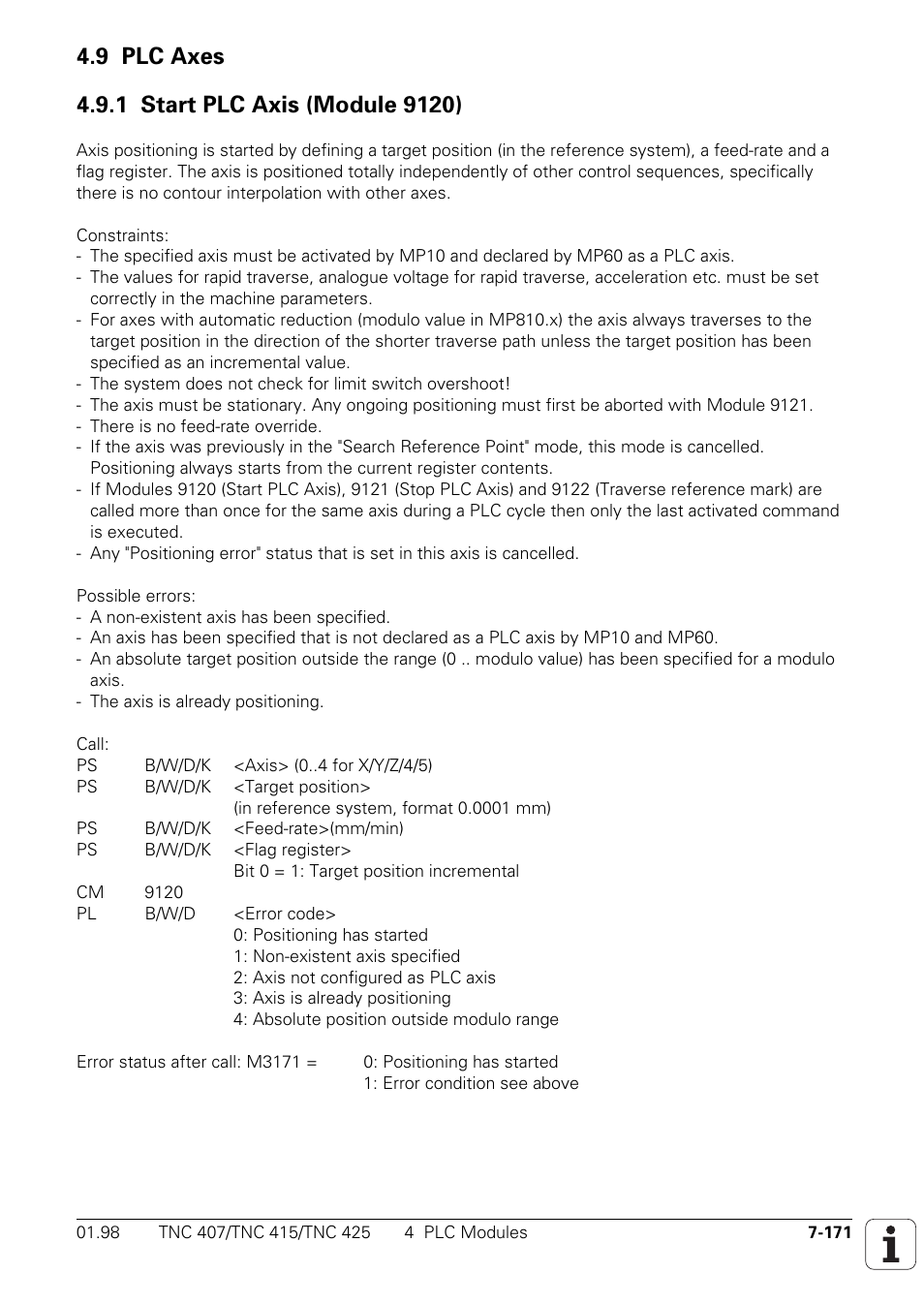 9 plc axes, 1 start plc axis (module 9120) | HEIDENHAIN TNC 407 (243 020) Technical Manual User Manual | Page 632 / 752