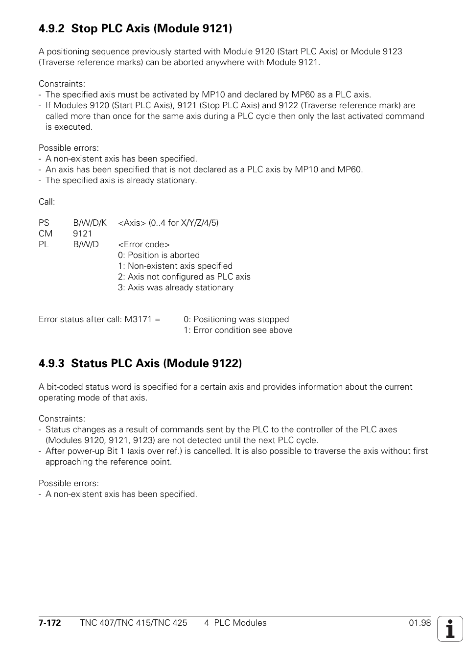 2 stop plc axis (module 9121), 3 status plc axis (module 9122) | HEIDENHAIN TNC 407 (243 020) Technical Manual User Manual | Page 633 / 752