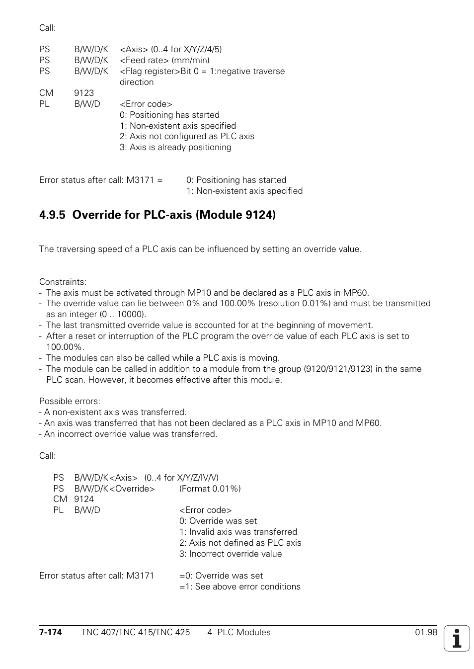 5 override for plc-axis (module 9124) | HEIDENHAIN TNC 407 (243 020) Technical Manual User Manual | Page 635 / 752