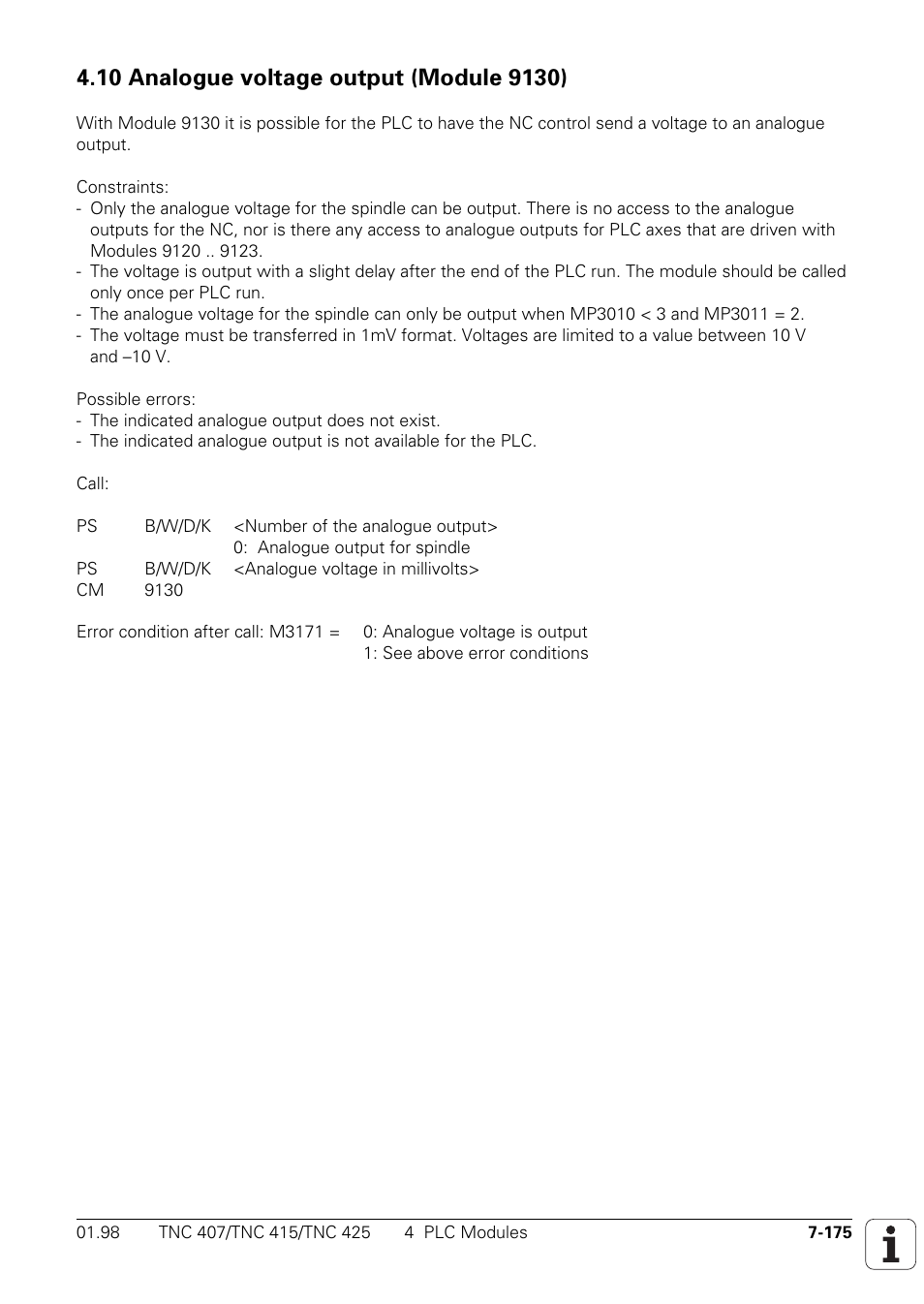 10 analogue voltage output (module 9130) | HEIDENHAIN TNC 407 (243 020) Technical Manual User Manual | Page 636 / 752