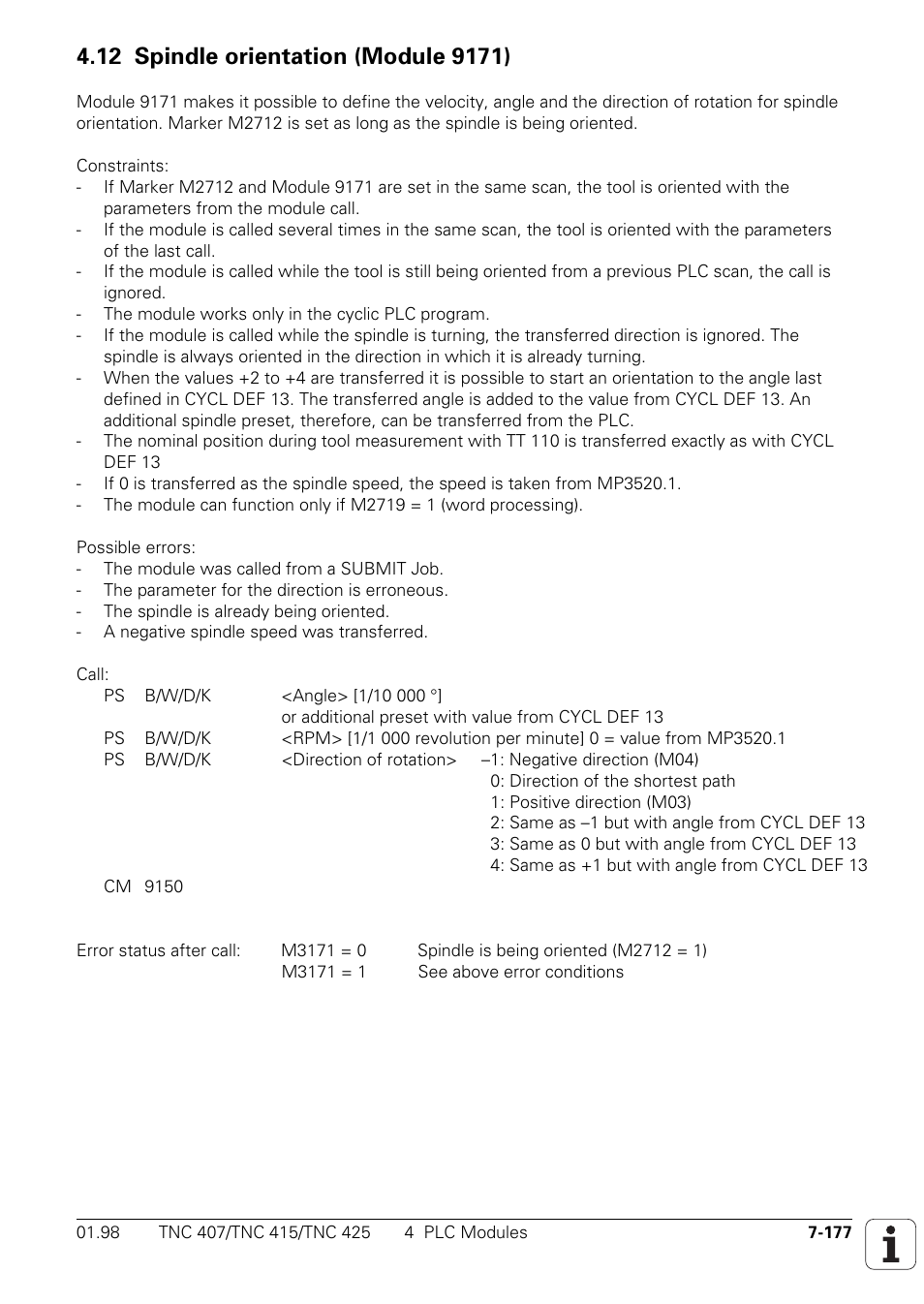 12 spindle orientation (module 9171) | HEIDENHAIN TNC 407 (243 020) Technical Manual User Manual | Page 638 / 752