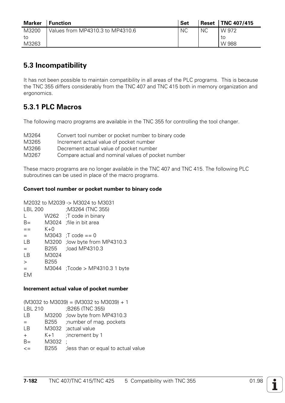 M3200 to m3263, Values from mp4310.3 to mp4310.6, 3 incompatibility | 1 plc macros | HEIDENHAIN TNC 407 (243 020) Technical Manual User Manual | Page 643 / 752