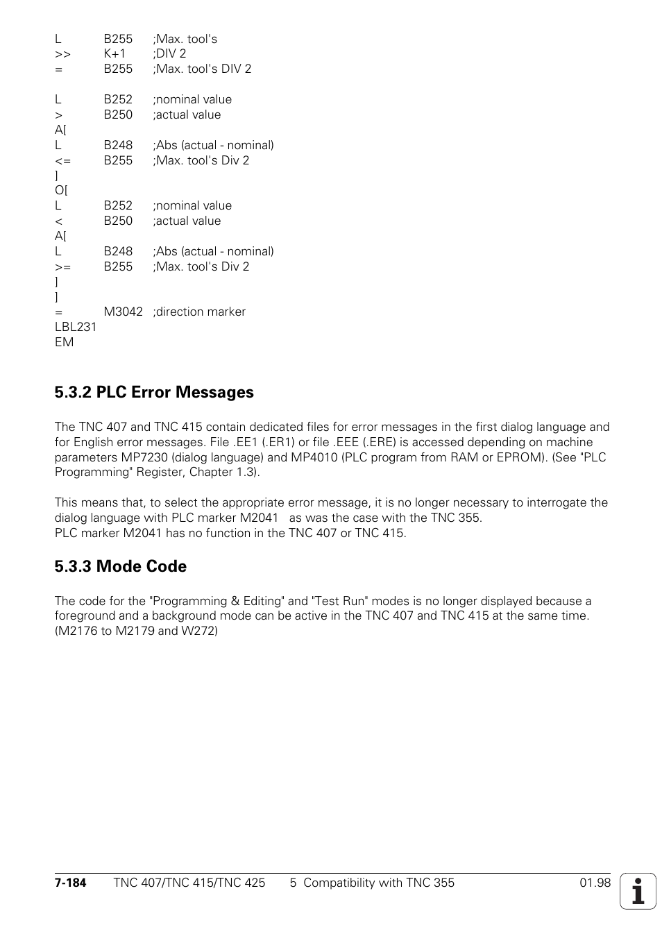 2 plc error messages, 3 mode code | HEIDENHAIN TNC 407 (243 020) Technical Manual User Manual | Page 645 / 752