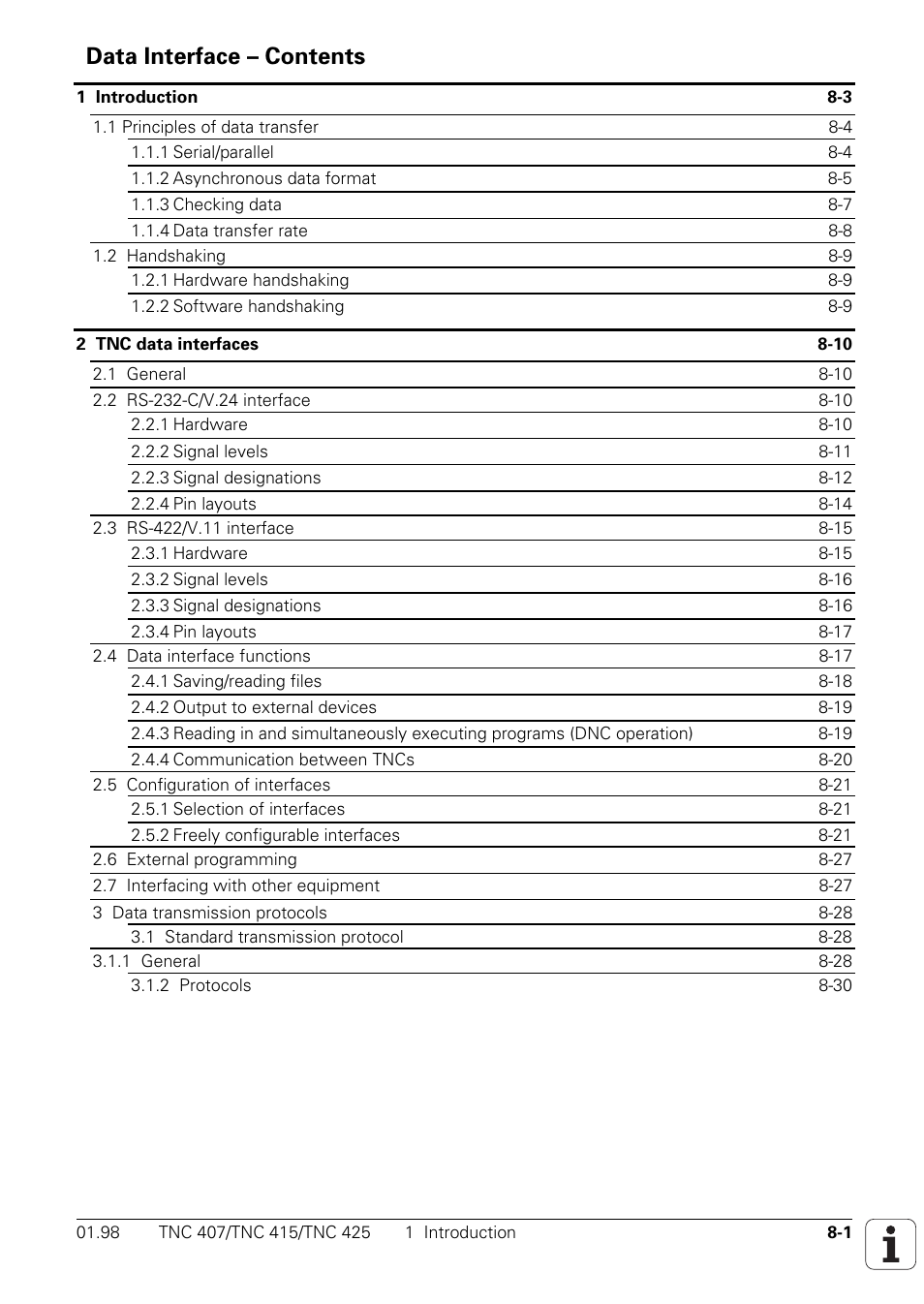 Data interfaces, Data interface – contents | HEIDENHAIN TNC 407 (243 020) Technical Manual User Manual | Page 648 / 752