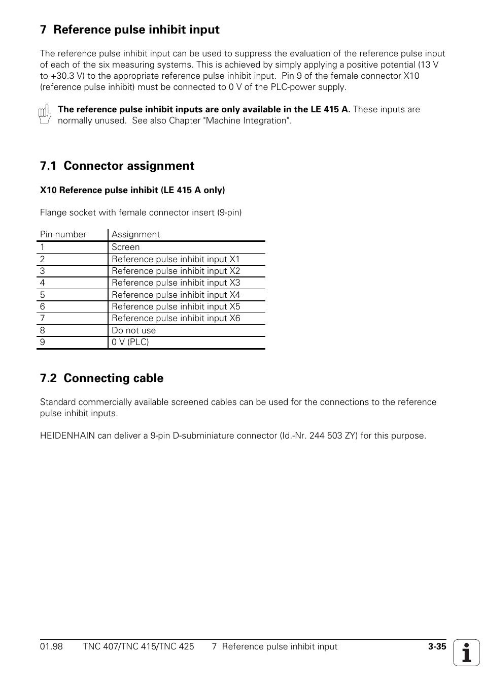 Reference pulse inhibit input, Connector assignment, Connecting cable | 7 reference pulse inhibit input, 1 connector assignment x10, 2 connecting cable | HEIDENHAIN TNC 407 (243 020) Technical Manual User Manual | Page 65 / 752