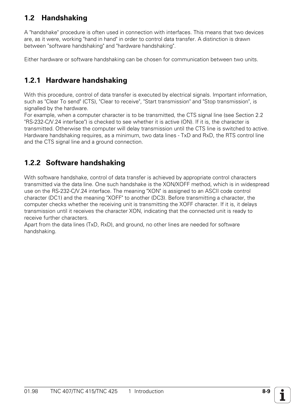 2 handshaking, 1 hardware handshaking, 2 software handshaking | HEIDENHAIN TNC 407 (243 020) Technical Manual User Manual | Page 656 / 752