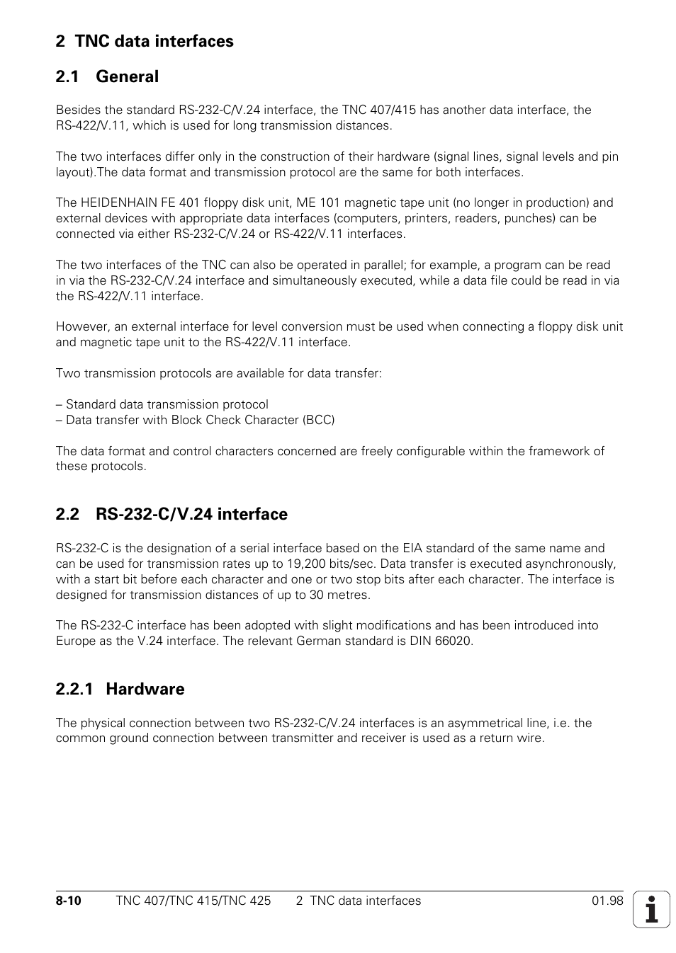 2 tnc data interfaces, 1 general, 2 rs-232-c/v.24 interface | 1 hardware, 2 tnc data interfaces 2.1 general | HEIDENHAIN TNC 407 (243 020) Technical Manual User Manual | Page 657 / 752