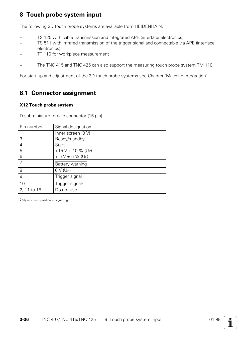Touch probe system input, Connector assignment x12, 8 touch probe system input | 1 connector assignment x12 | HEIDENHAIN TNC 407 (243 020) Technical Manual User Manual | Page 66 / 752
