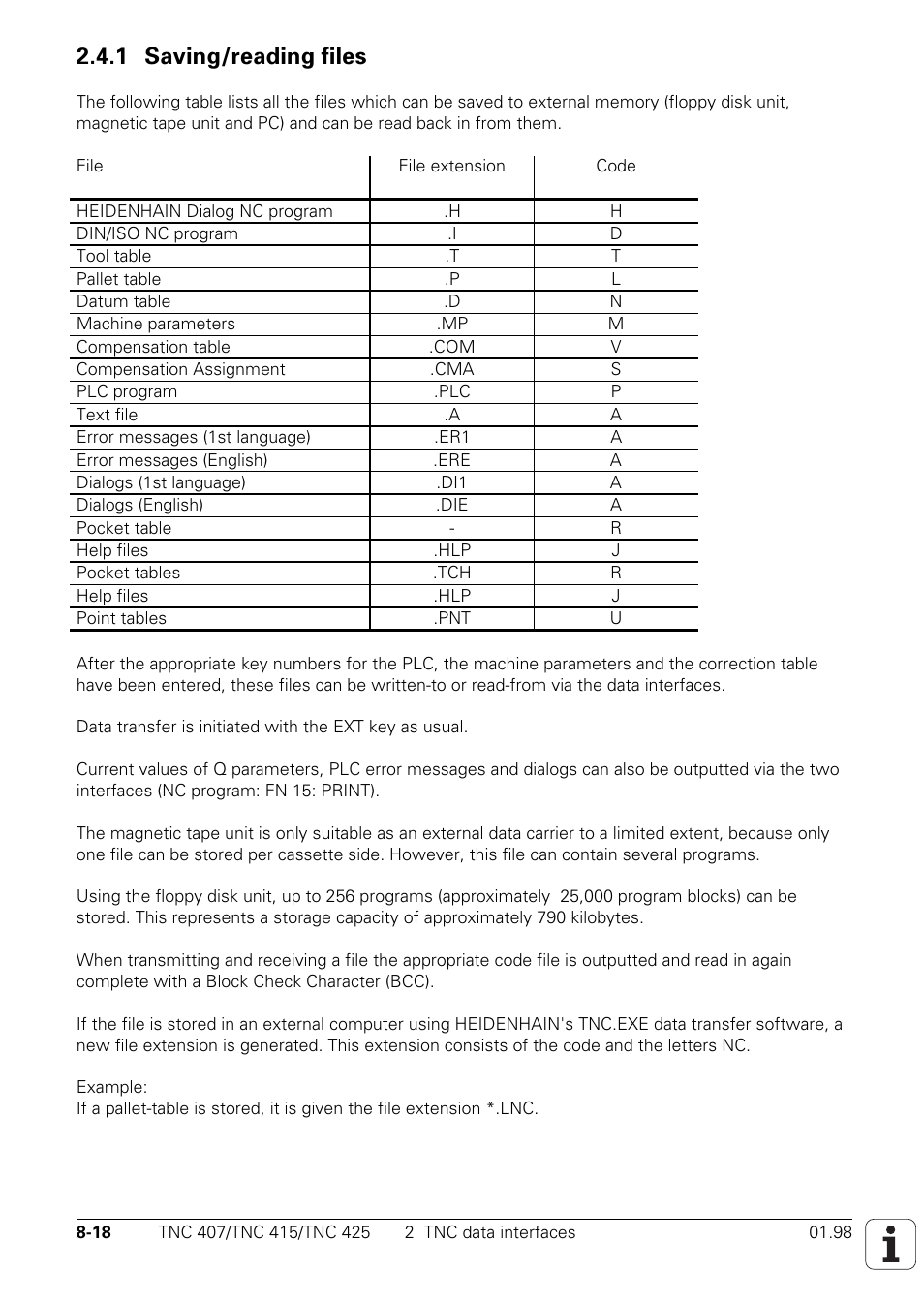 1 saving/reading files | HEIDENHAIN TNC 407 (243 020) Technical Manual User Manual | Page 665 / 752