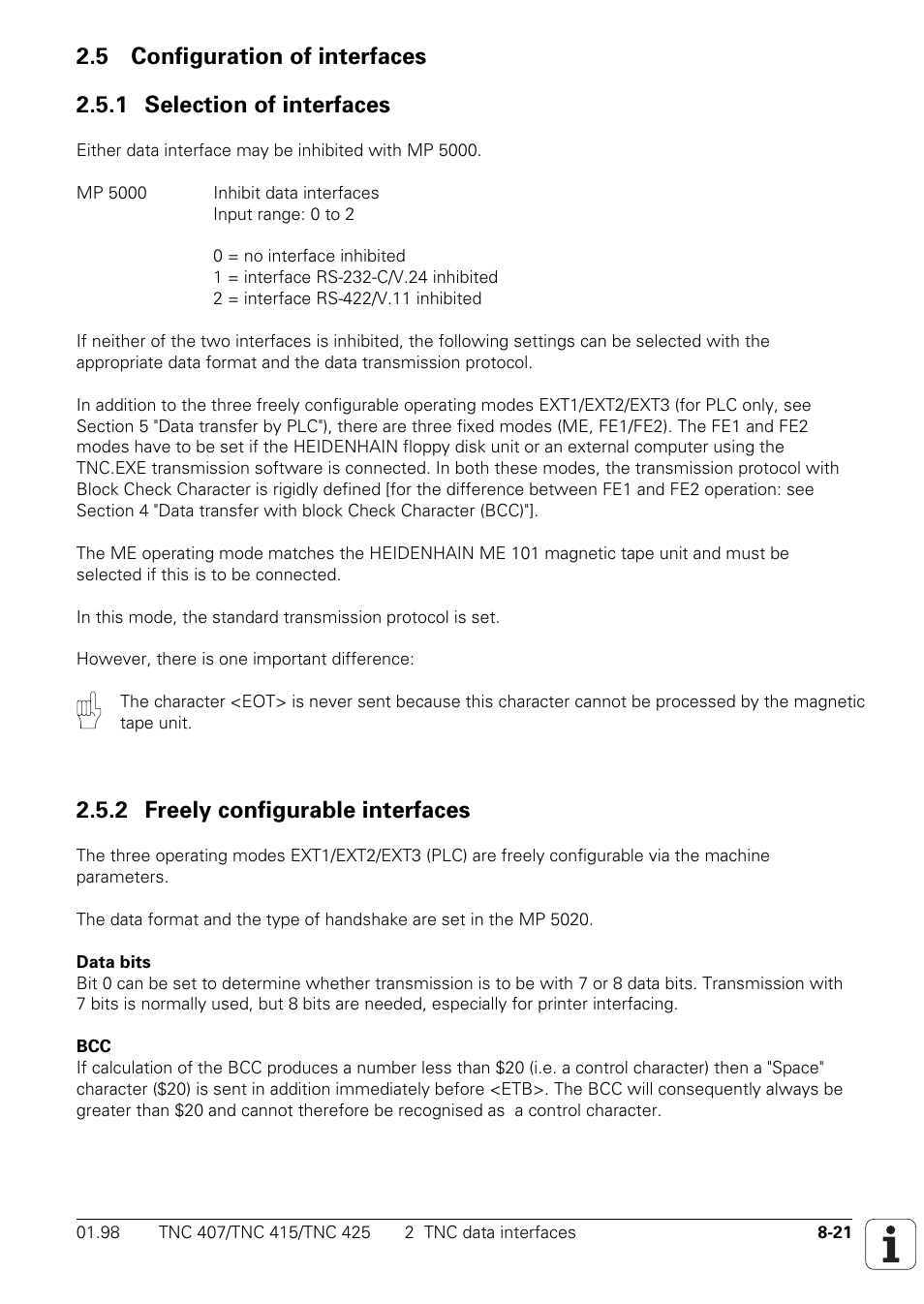 Mp5000, Inhibit data interface entry: 0 to 2, Plc run | 5 configuration of interfaces, 1 selection of interfaces, 2 freely configurable interfaces | HEIDENHAIN TNC 407 (243 020) Technical Manual User Manual | Page 668 / 752