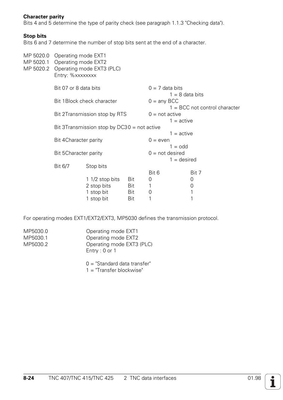 Mp5020.0 mp5020.1 mp5020.2, Bit 0, 7 or 8 data bits 0 = 7 data bits 1 = 8 data bits | Bit 1, Bit 2, Bit 3, Bit 4, Character parity 0 = even 1 = odd, Bit 5, Character parity 0 = not required 1 = required | HEIDENHAIN TNC 407 (243 020) Technical Manual User Manual | Page 671 / 752