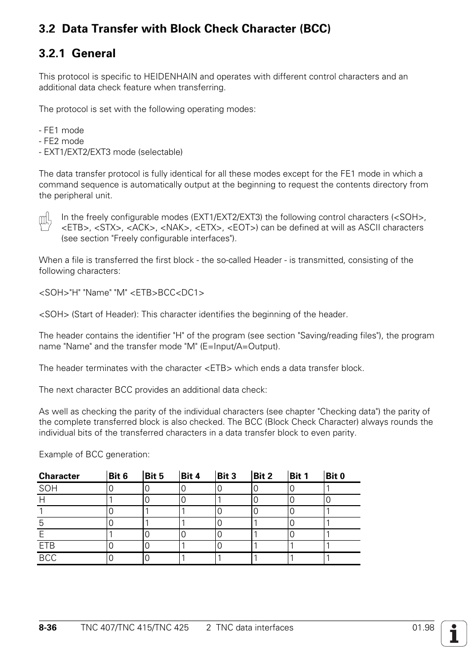 2 data transfer with block check character (bcc), 1 general | HEIDENHAIN TNC 407 (243 020) Technical Manual User Manual | Page 683 / 752
