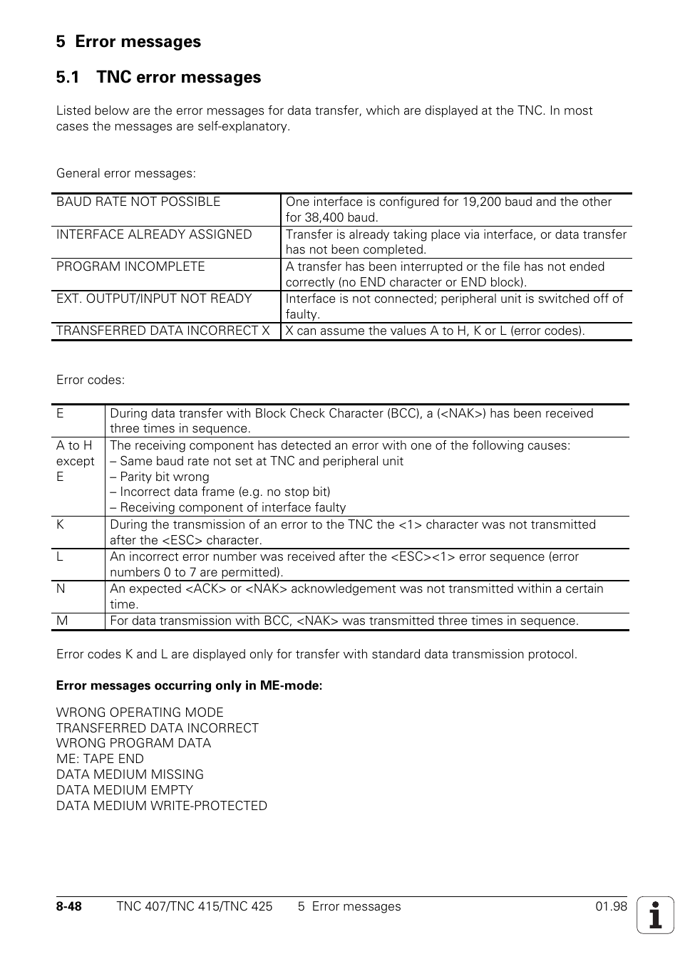 5 error messages, Tnc error messages, 5 error messages 5.1 tnc error messages | HEIDENHAIN TNC 407 (243 020) Technical Manual User Manual | Page 695 / 752