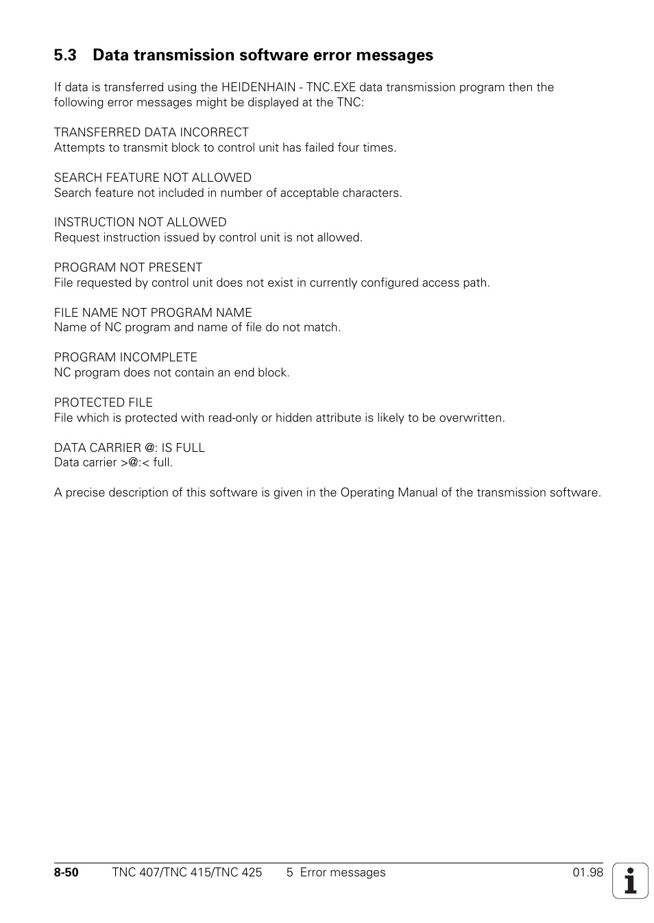 Data transmission software error messages, 3 data transmission software error messages | HEIDENHAIN TNC 407 (243 020) Technical Manual User Manual | Page 697 / 752