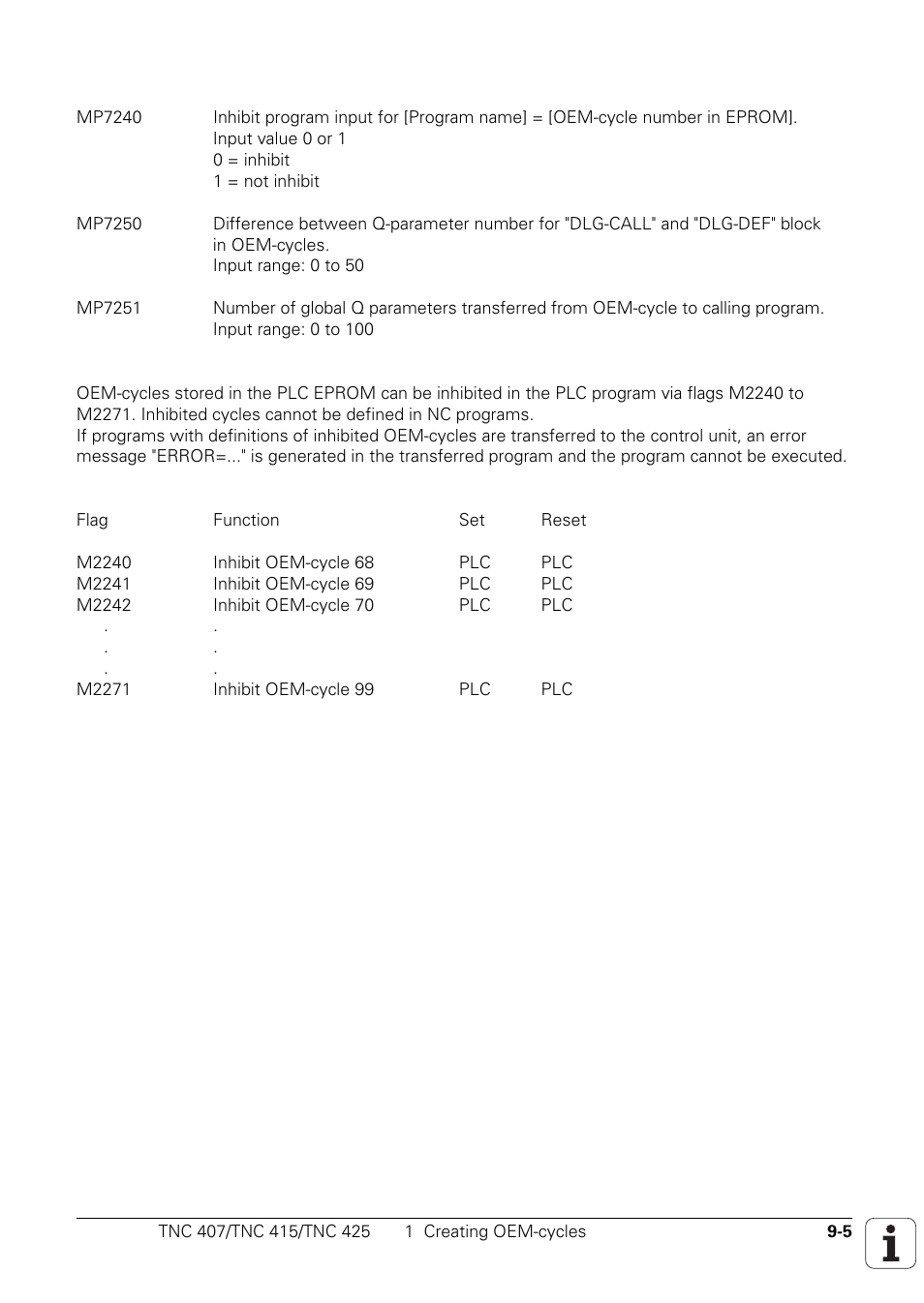 M2240, Oem cycle 68 inhibit, M2241 | Oem cycle 69 inhibit, M2242, Oem cycle 70 inhibit, M2243, Oem cycle 71 inhibit, M2244, Oem cycle 72 inhibit | HEIDENHAIN TNC 407 (243 020) Technical Manual User Manual | Page 702 / 752