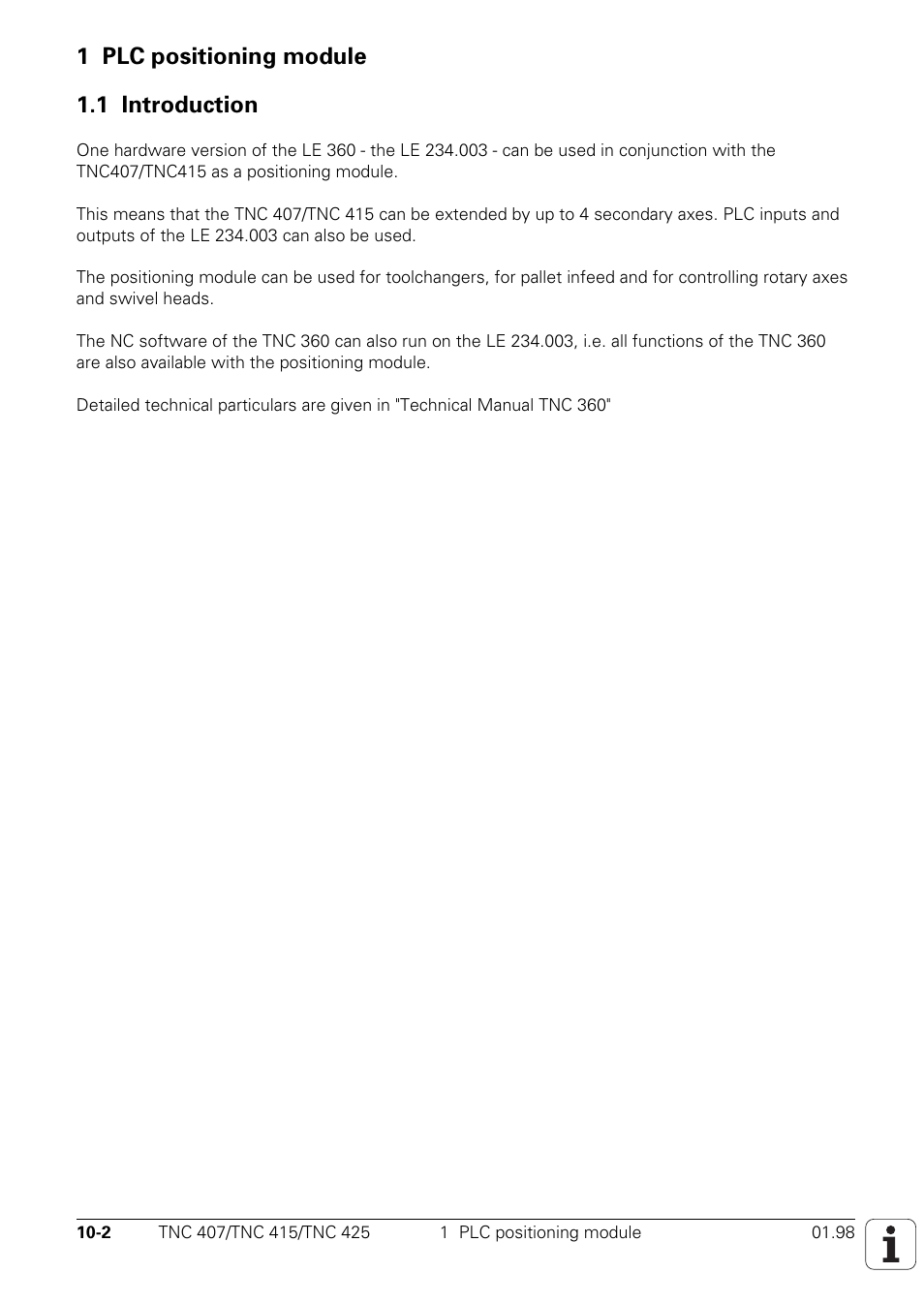 Plc positioning module, Introduction, 1 plc positioning module 1.1 introduction | HEIDENHAIN TNC 407 (243 020) Technical Manual User Manual | Page 710 / 752