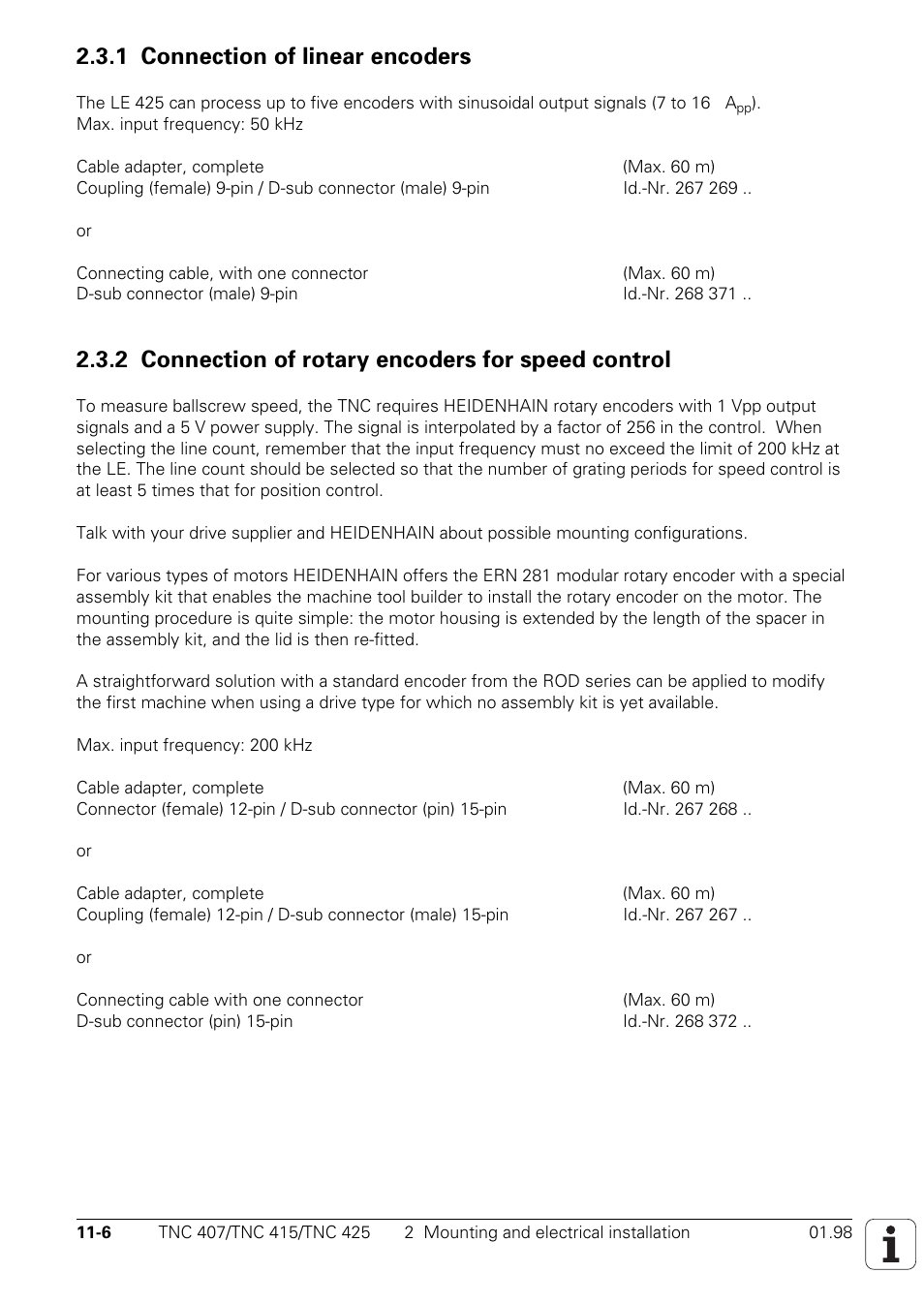 1 connection of linear encoders, 2 connection of rotary encoders for speed control | HEIDENHAIN TNC 407 (243 020) Technical Manual User Manual | Page 720 / 752
