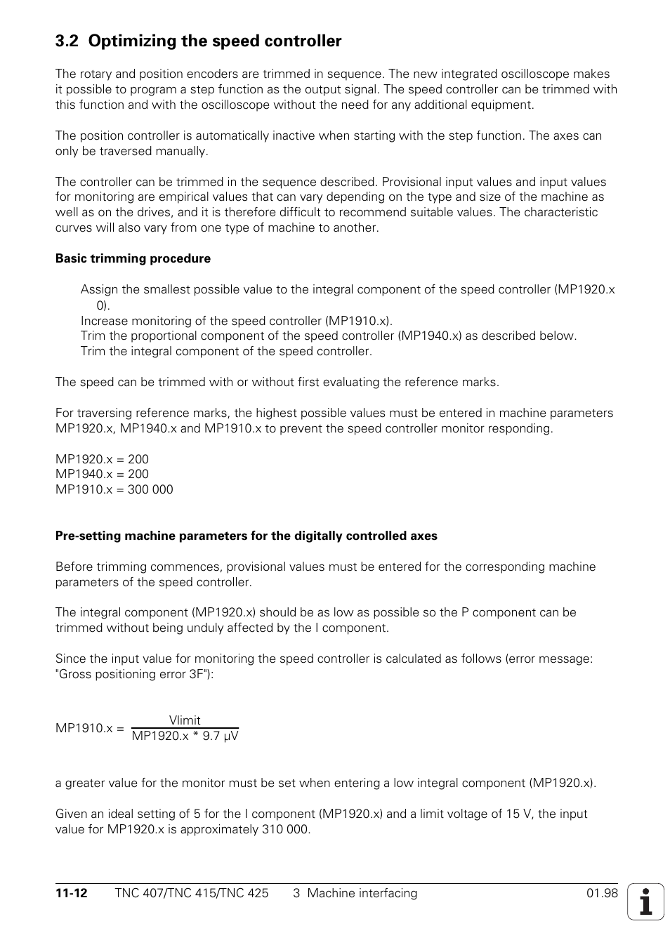 Optimizing the speed controller, 2 optimizing the speed controller | HEIDENHAIN TNC 407 (243 020) Technical Manual User Manual | Page 726 / 752