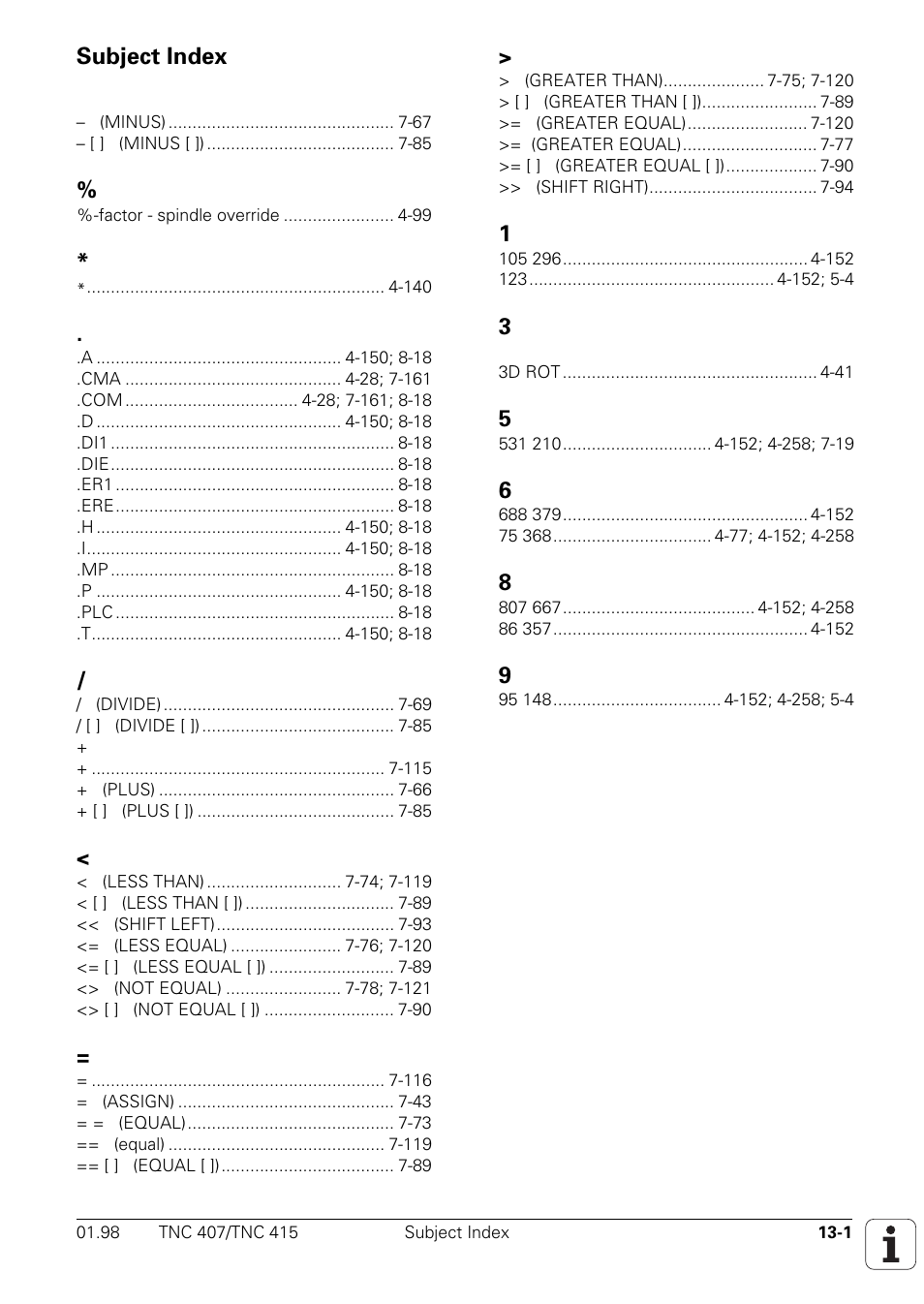 Index, Symbols | HEIDENHAIN TNC 407 (243 020) Technical Manual User Manual | Page 741 / 752