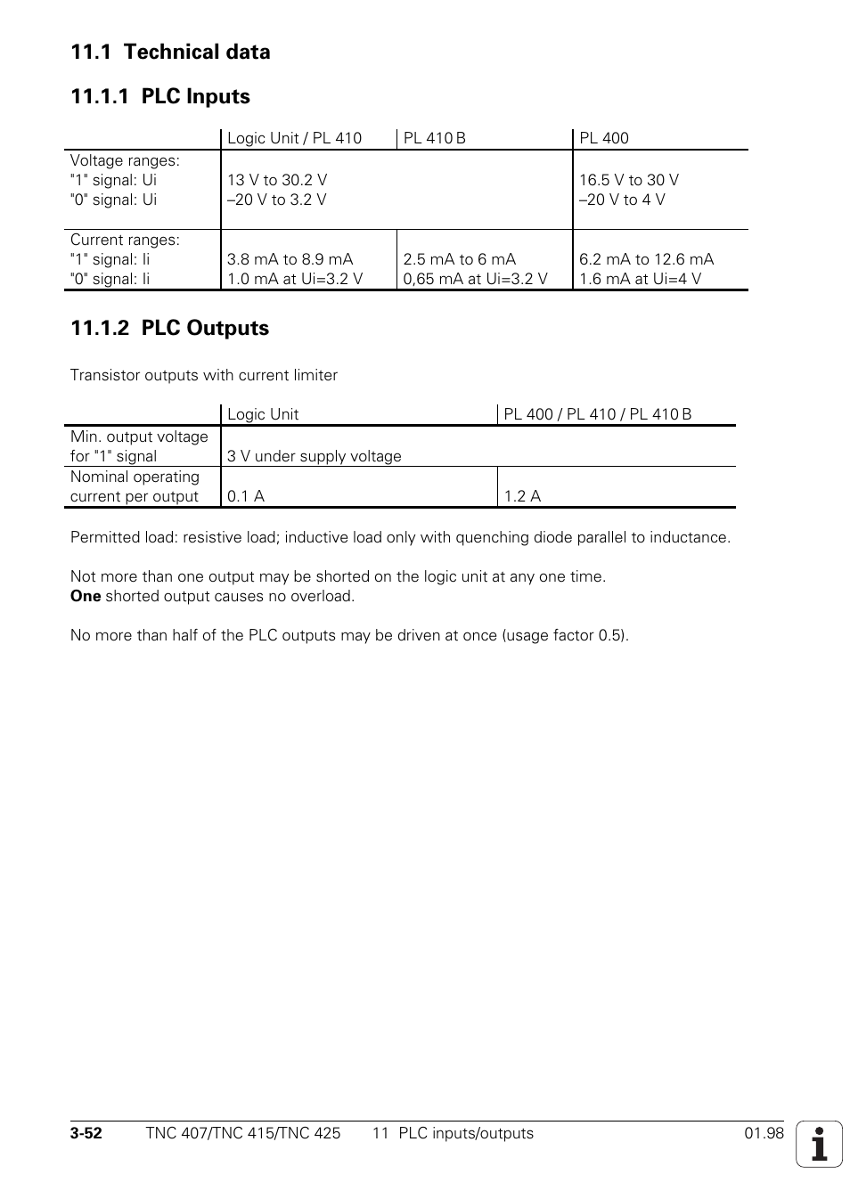 1 technical data, 1 plc inputs, 2 plc outputs | HEIDENHAIN TNC 407 (243 020) Technical Manual User Manual | Page 82 / 752