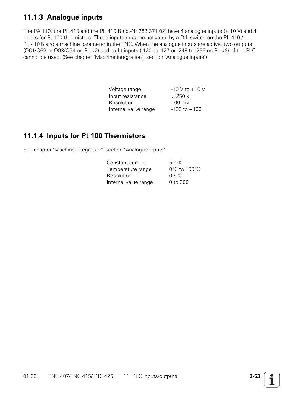 3 analog inputs, 4 inputs for pt 100 thermistors, 3 analogue inputs | HEIDENHAIN TNC 407 (243 020) Technical Manual User Manual | Page 83 / 752