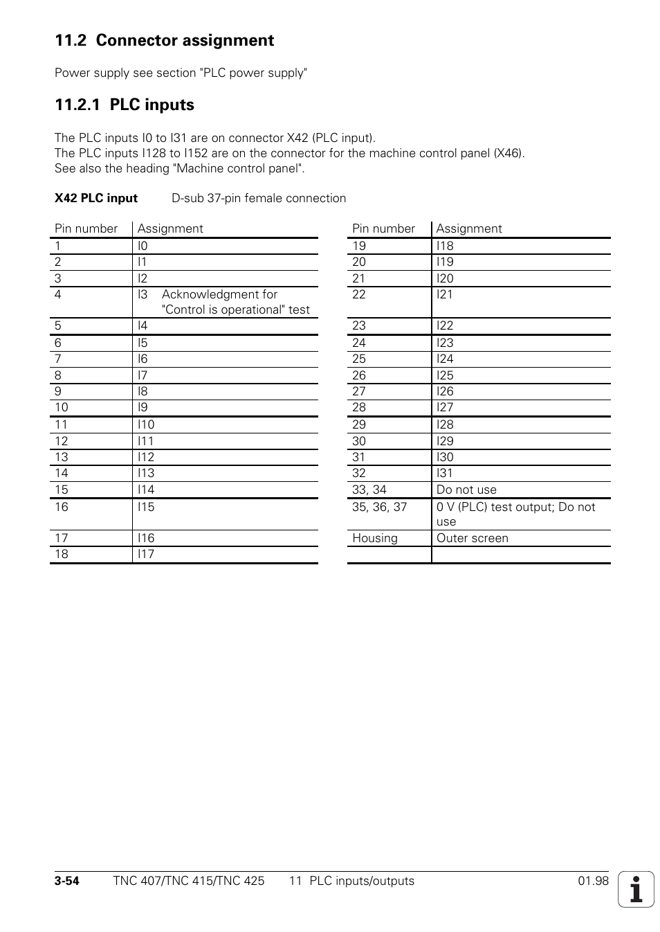 2 connector assignment, 1 plc inputs, X42 = plc input | HEIDENHAIN TNC 407 (243 020) Technical Manual User Manual | Page 84 / 752