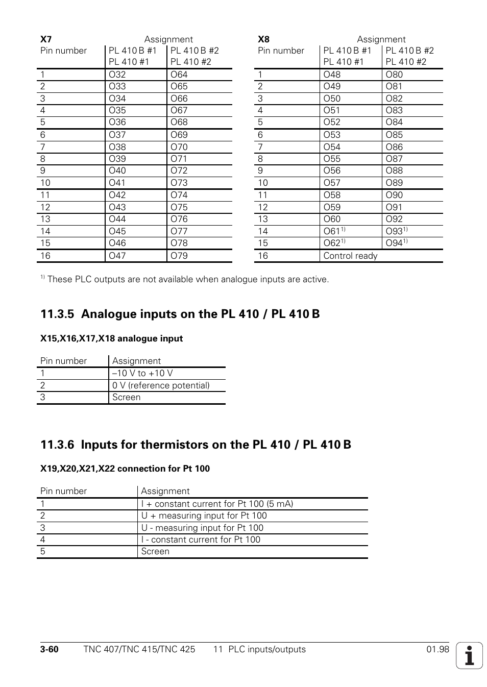 5 analog inputs on the pl 410 / pl 410 b, 6 inputs for thermistors on the pl 410 / pl 410 b | HEIDENHAIN TNC 407 (243 020) Technical Manual User Manual | Page 90 / 752