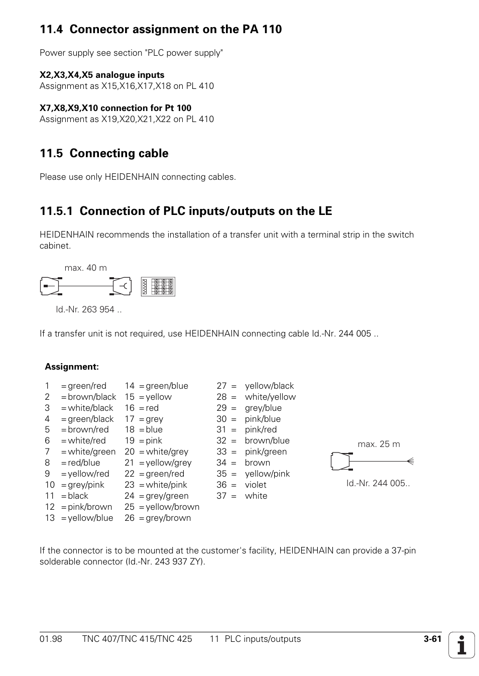 Connector assignment on the pa 110, Connecting cable, 1 connection of plc inputs/outputs on the le | 4 connector assignment on the pa 110, 5 connecting cable | HEIDENHAIN TNC 407 (243 020) Technical Manual User Manual | Page 91 / 752