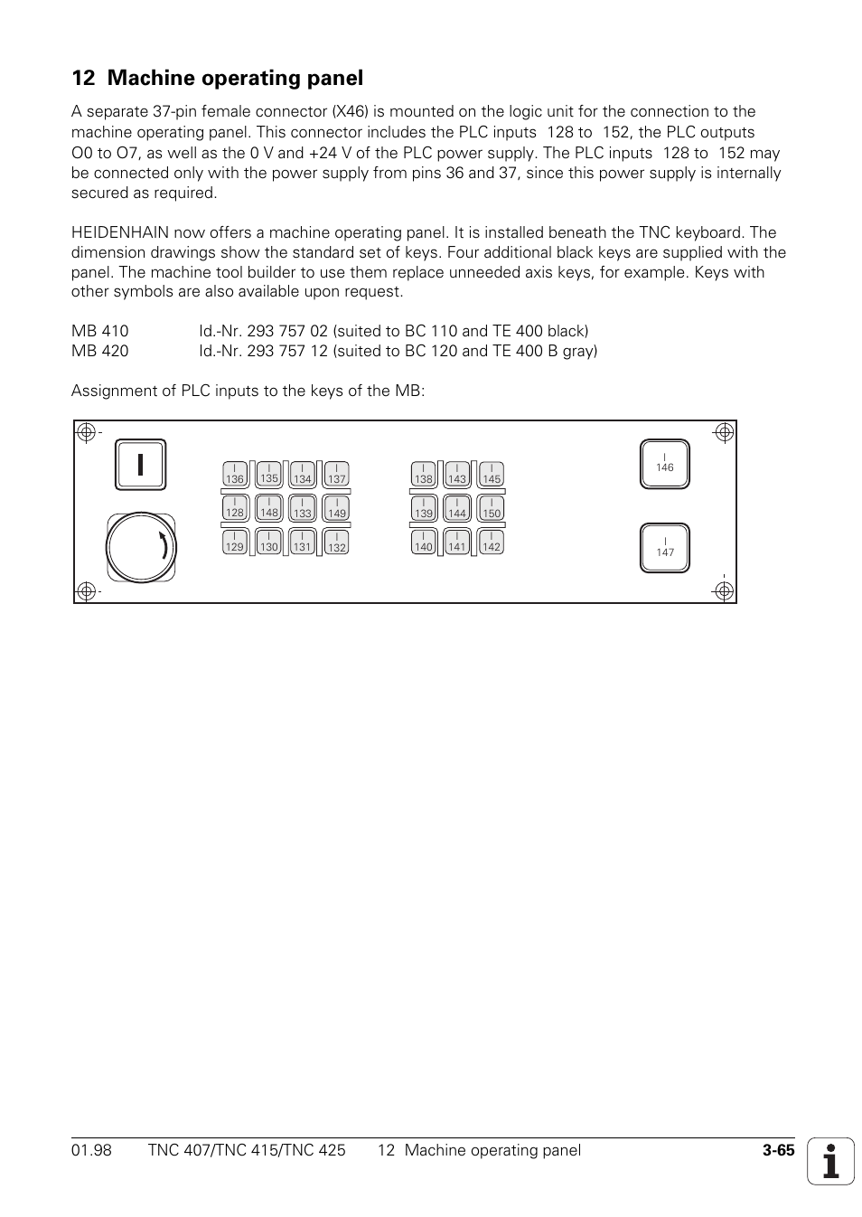 Machine control panel, X46 = machine control panel, 312 machine operating panel | HEIDENHAIN TNC 407 (243 020) Technical Manual User Manual | Page 94 / 752