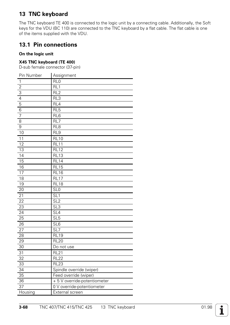 Tnc keyboard, 1 pin connections, X45 = tnc-keyboard (te) | X45 = tnc keyboard (te), 13 tnc keyboard | HEIDENHAIN TNC 407 (243 020) Technical Manual User Manual | Page 97 / 752