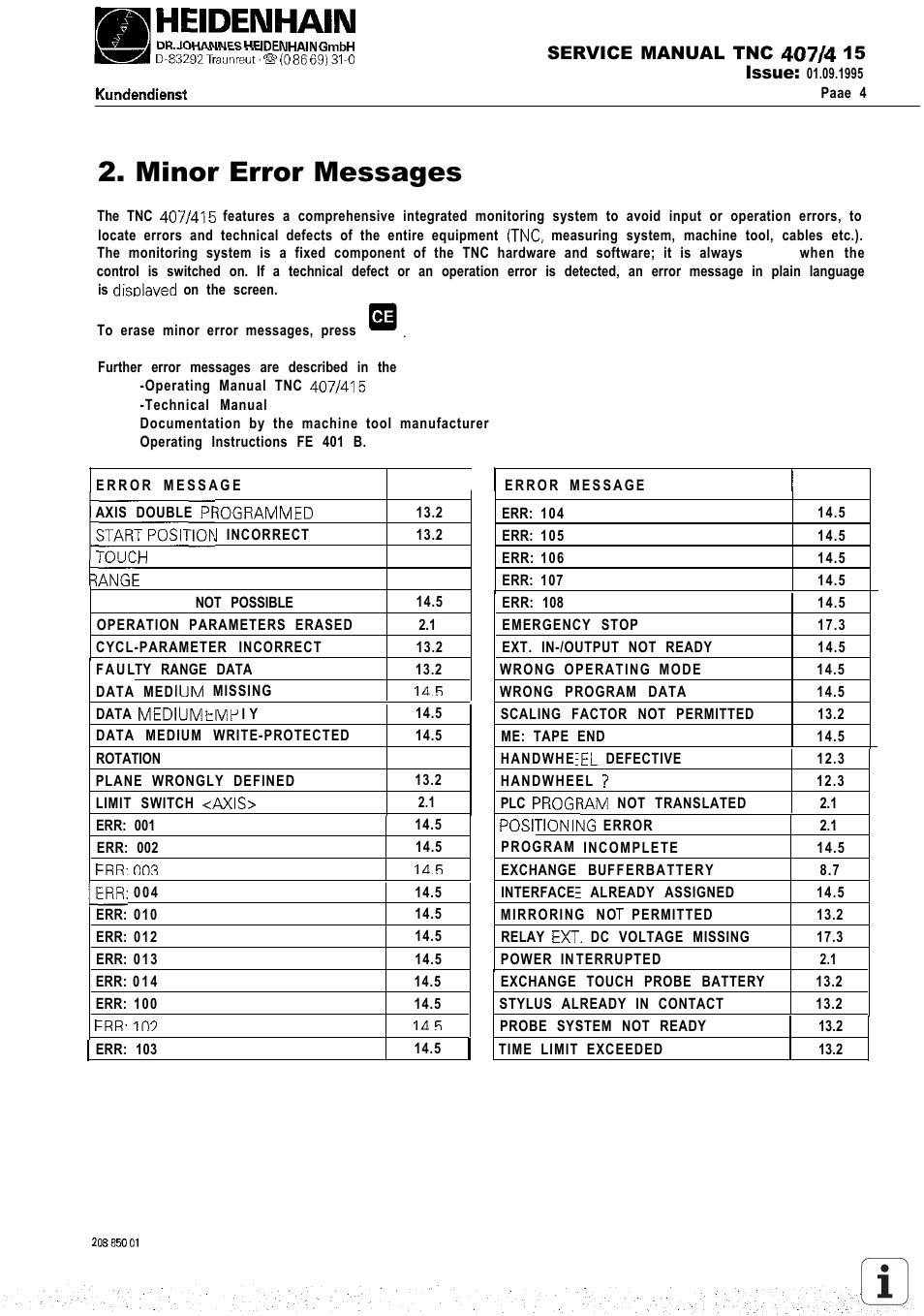 Minor, Messages, Minor error messages | HEIDENHAIN TNC 407 (243 020) Service Manual User Manual | Page 7 / 195