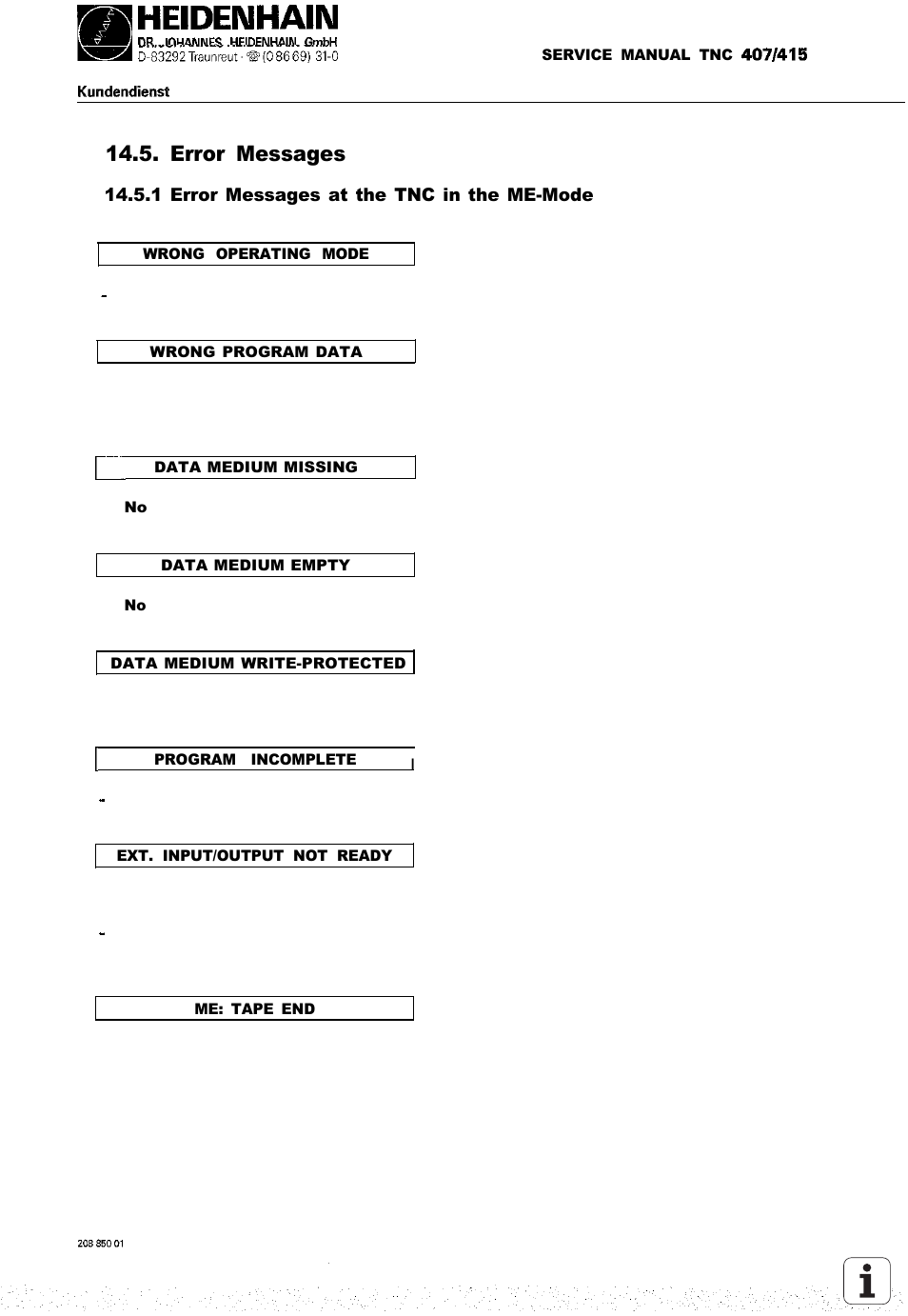 5 error messages, Missing, Data med data | Data medium write-protected, Ext. in-/output not ready, Wrong operating mode wrong program data, Me: tape end, Error messages | HEIDENHAIN TNC 407 (243 020) Service Manual User Manual | Page 70 / 195