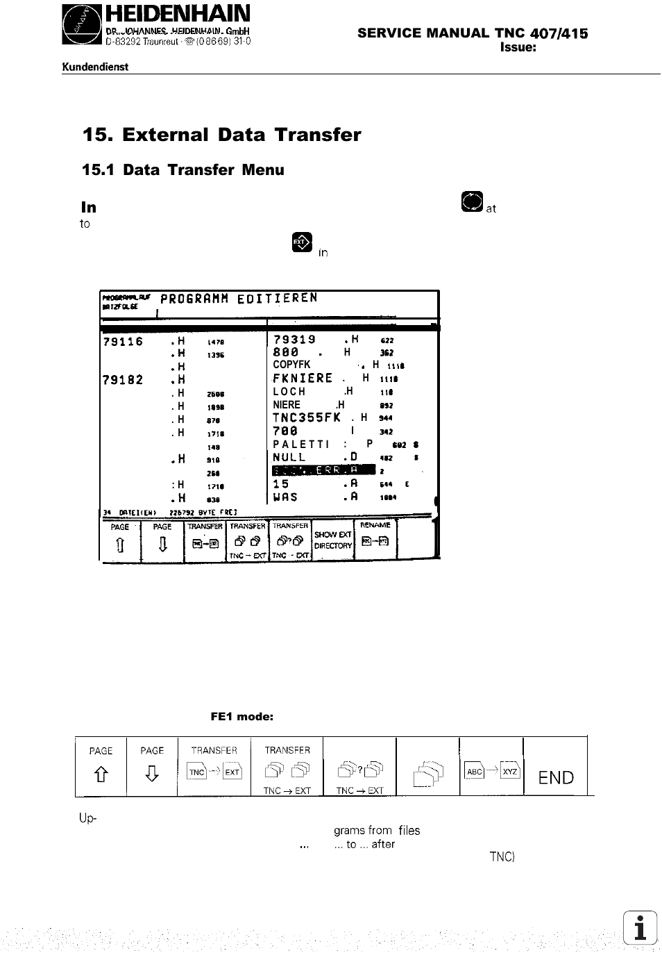 External data transfer, 1 data transfer menu, 1 data transfer menu in | HEIDENHAIN TNC 407 (243 020) Service Manual User Manual | Page 75 / 195
