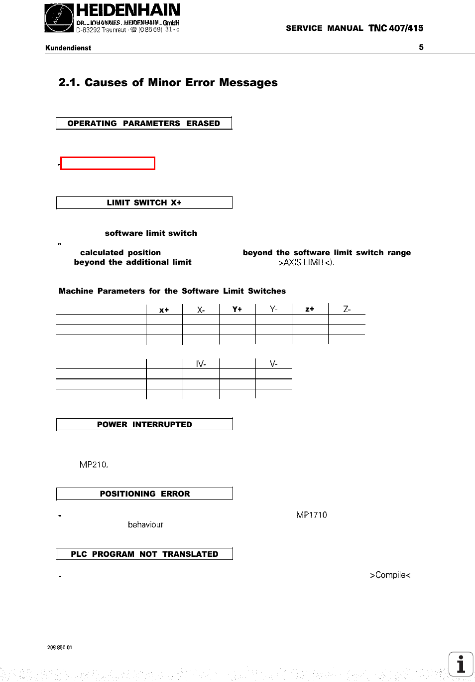 Causes, Of minor error messages, Operation parameters erased | Limit switch, Not translated, Power in, Error, Terrupted, Causes of minor error messages | HEIDENHAIN TNC 407 (243 020) Service Manual User Manual | Page 8 / 195