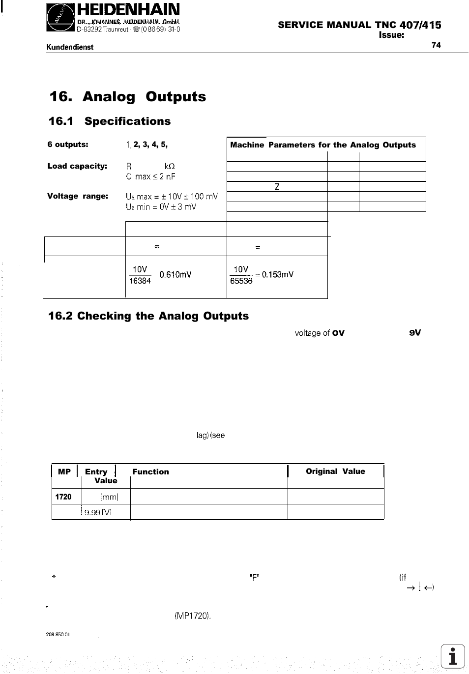 Analog outputs, 1 specifications, Checking the analog outputs | 2 checking the analog outputs | HEIDENHAIN TNC 407 (243 020) Service Manual User Manual | Page 90 / 195