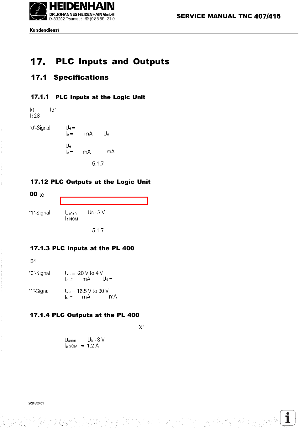 Plc inputs and outputs, Specifications, 1 specifications | HEIDENHAIN TNC 407 (243 020) Service Manual User Manual | Page 95 / 195