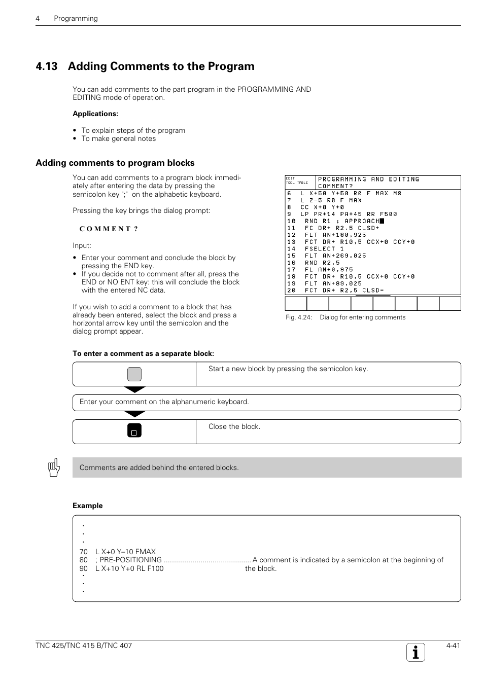 13 adding comments to the program | HEIDENHAIN TNC 407 (280 580) User Manual User Manual | Page 100 / 376