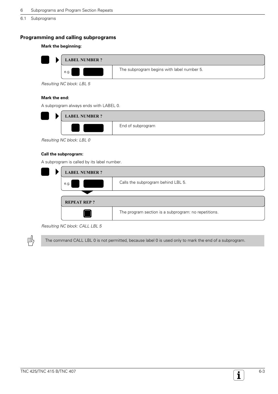 Lbl set, Call, Programming and calling subprograms | HEIDENHAIN TNC 407 (280 580) User Manual User Manual | Page 177 / 376