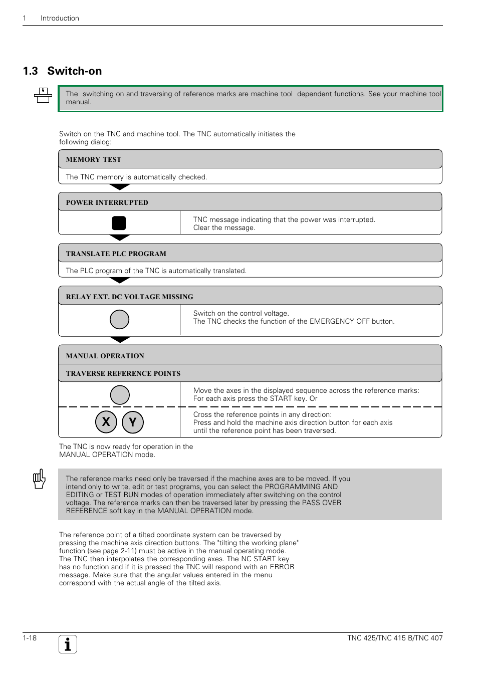Switch on machine, Cross over reference marks, 3 switch-on | HEIDENHAIN TNC 407 (280 580) User Manual User Manual | Page 19 / 376