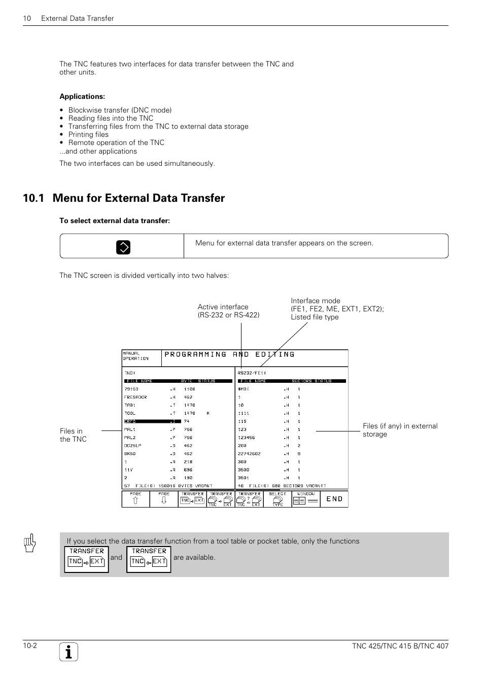 Activate external data transfer, 1 menu for external data transfer | HEIDENHAIN TNC 407 (280 580) User Manual User Manual | Page 328 / 376