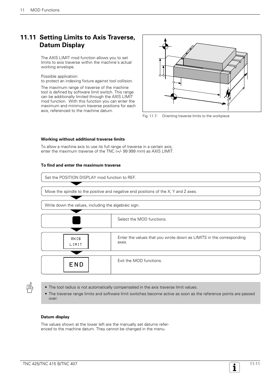 11 setting limits to axis traverse, datum display, Yz x | HEIDENHAIN TNC 407 (280 580) User Manual User Manual | Page 344 / 376